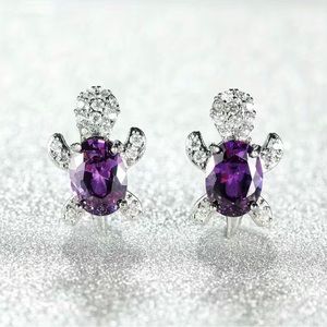 Lovely Turtle Stud Earrings Cute Zircon in Purple